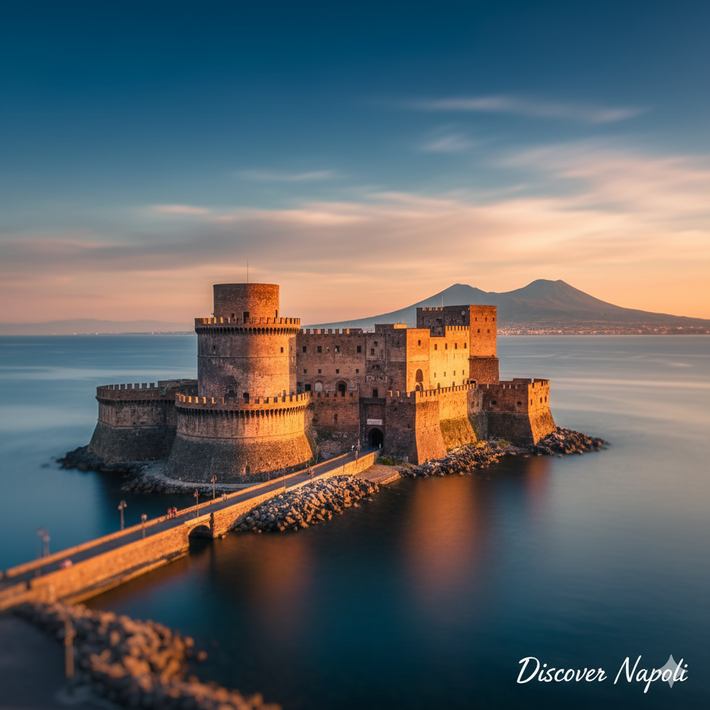 Castel dell'Ovo, a seaside castle in Napoli, reflecting in the water at sunset.