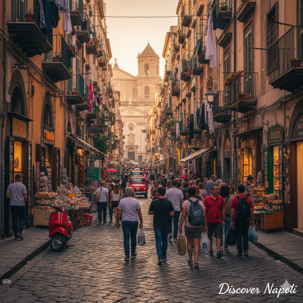 A narrow, bustling street scene in the Spaccanapoli district.