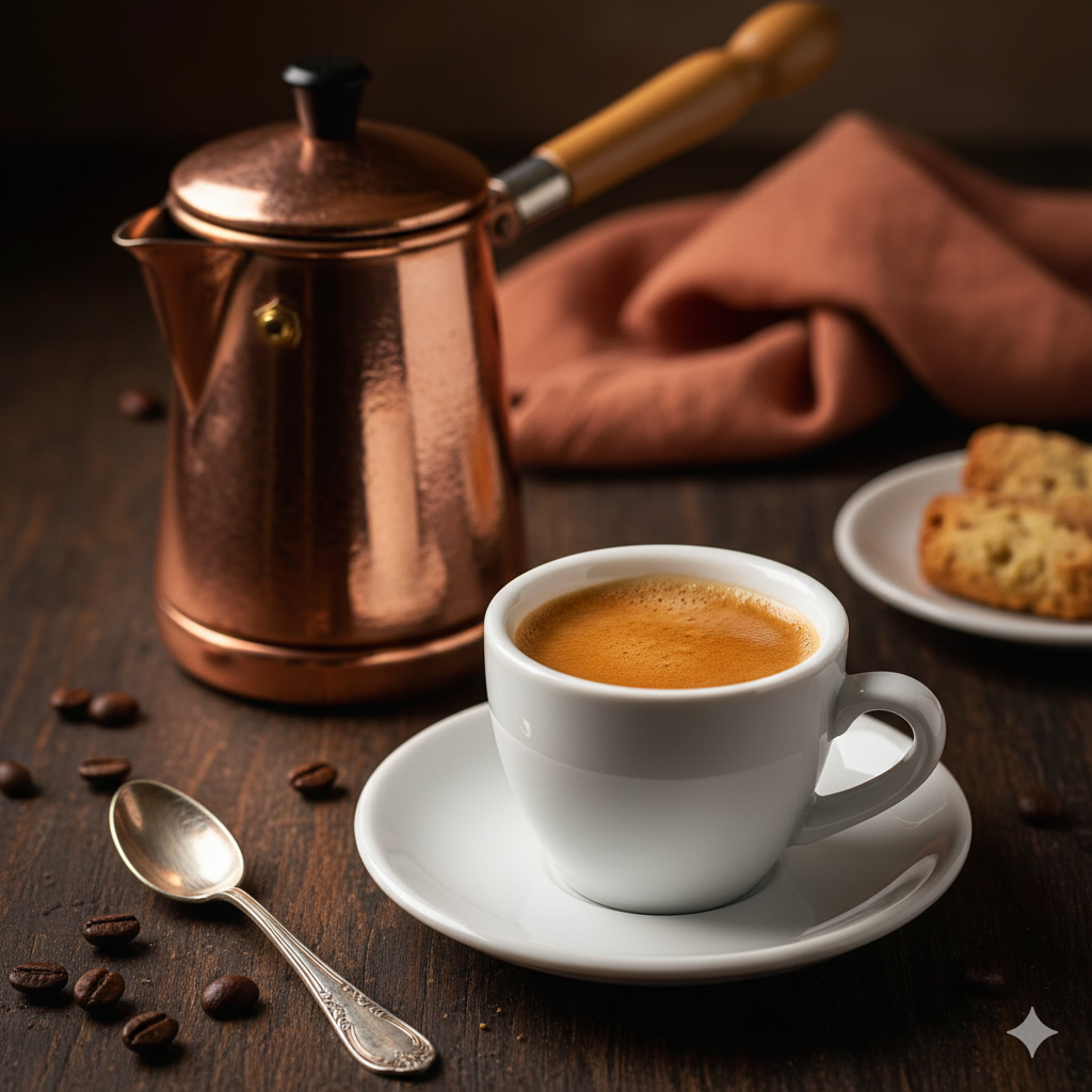 A small, strong cup of traditional Italian espresso on a saucer.