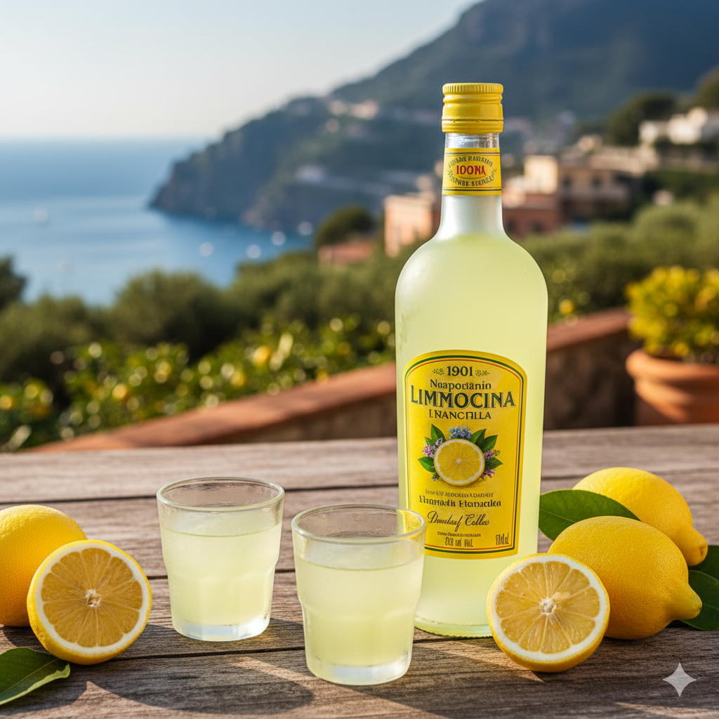A chilled glass of bright yellow limoncello served with a lemon slice.