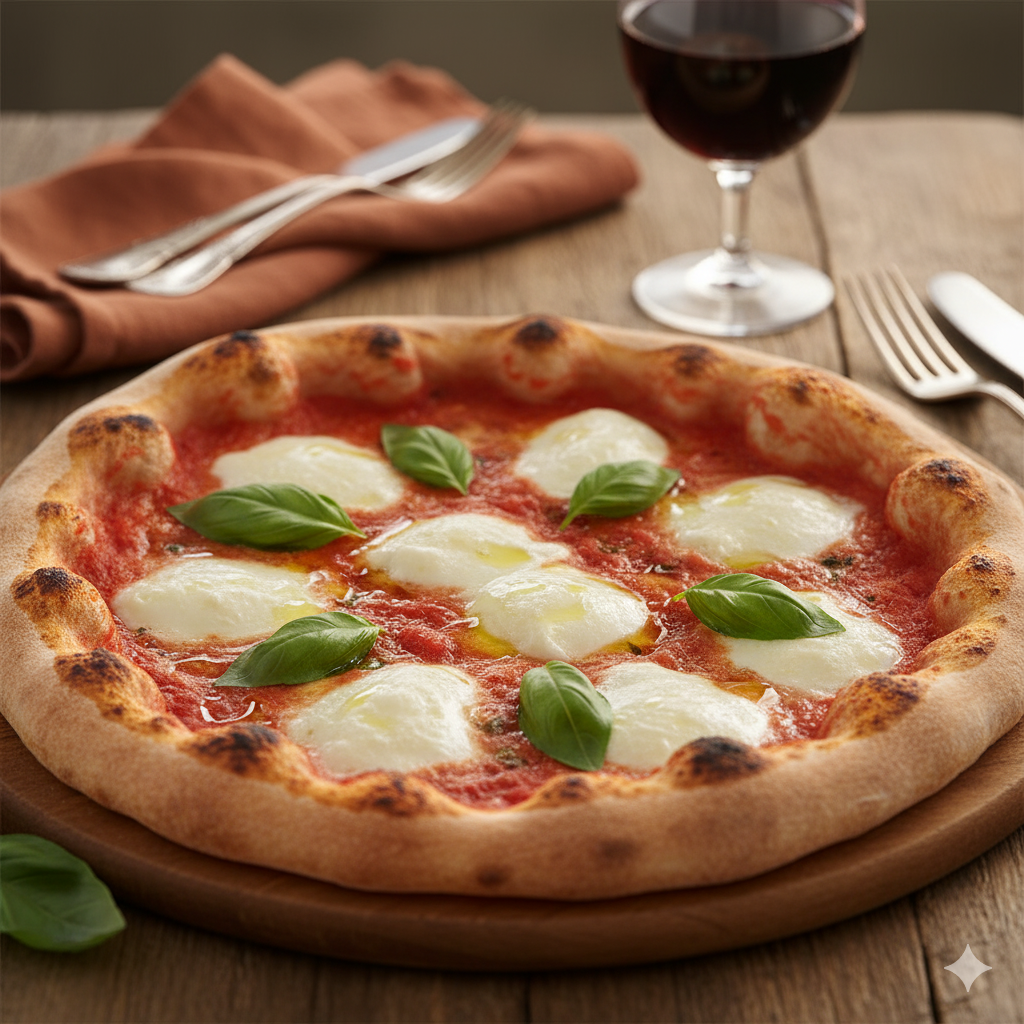 A classic Neapolitan Margherita pizza with fresh basil, mozzarella, and tomato sauce.