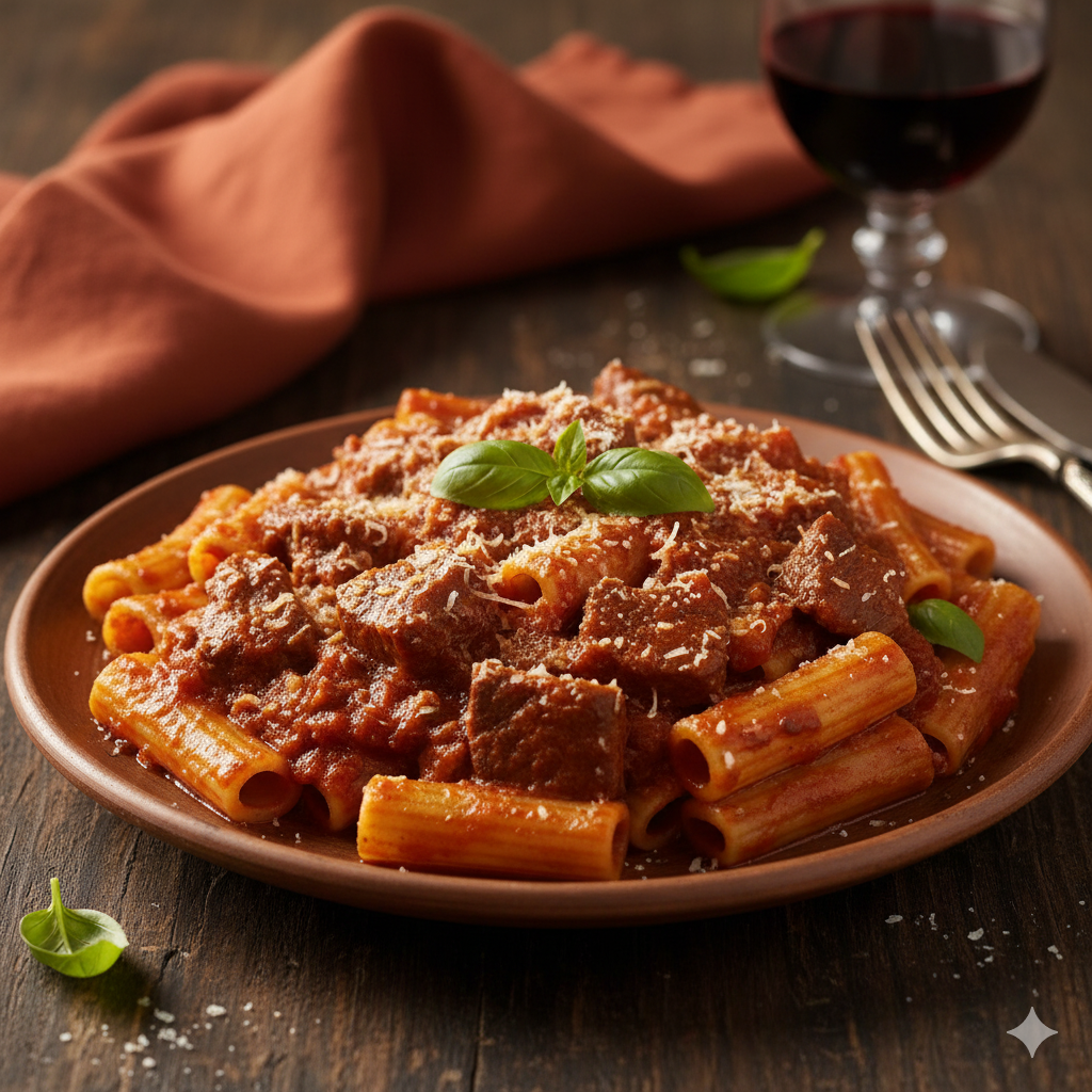 A bowl of rich, dark Neapolitan ragu sauce served with pasta.