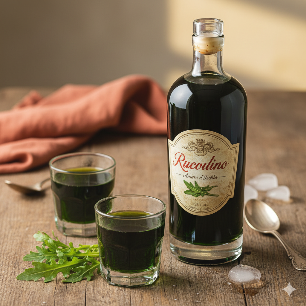 A bottle and glass of rucolino liqueur made from arugula leaves.