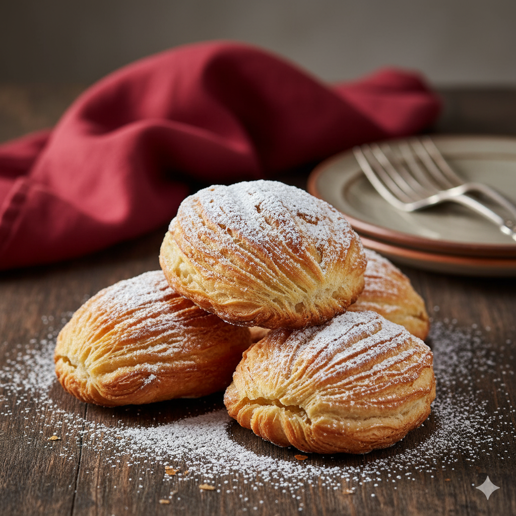 A shell-shaped, flaky sfogliatella pastry on a plate, dusted with powdered sugar.