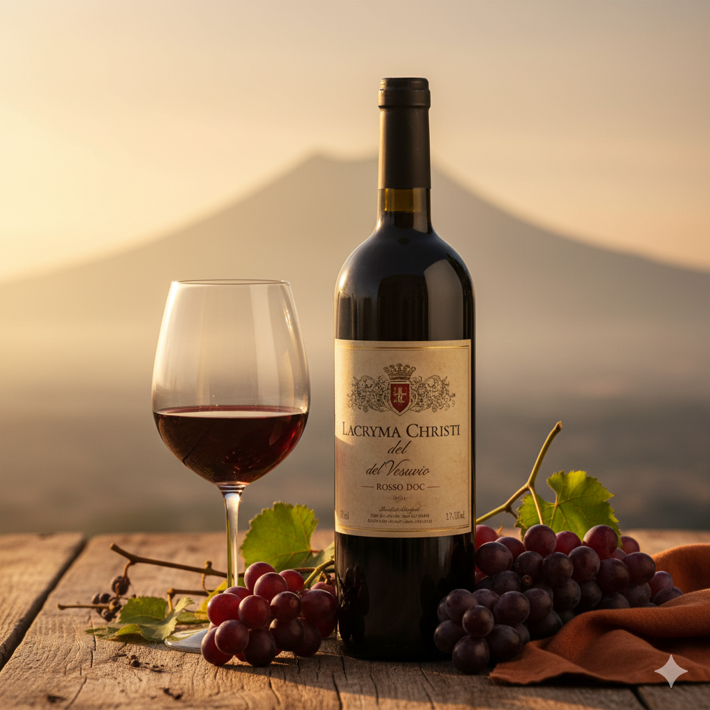 Two glasses of red and white Campanian wine on a wooden table.